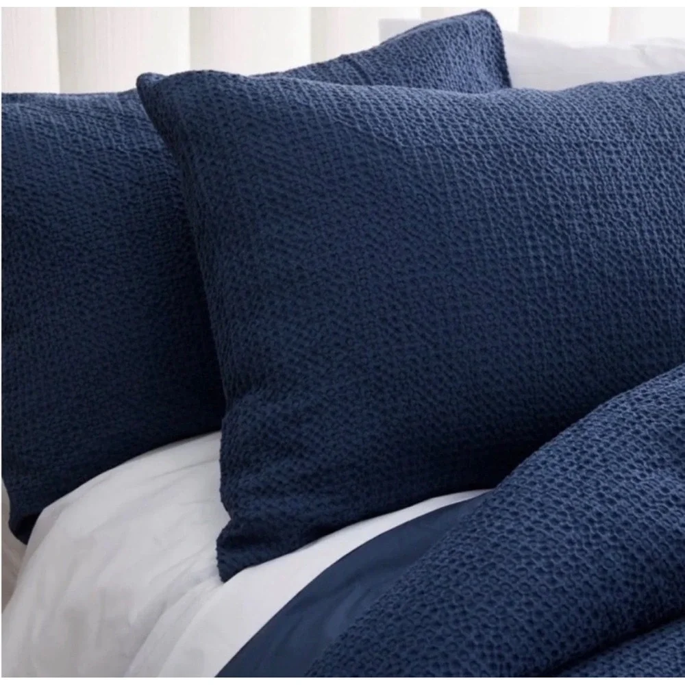 Quince Luxe Honeycomb Duvet Cover Set Queen Indigo Blue 100% Organic Cotton